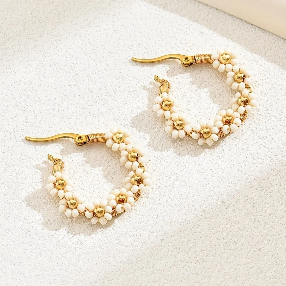 Boho Stainless Steel Beaded Flower Hoop Earrings - Picture 1 of 4